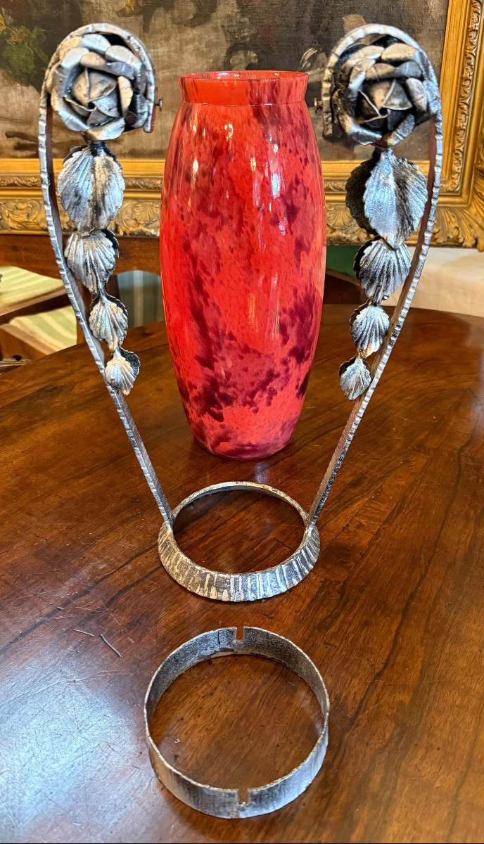 Large Art Deco Glass Vase With Wrought Iron Mount By André Delatte In Nancy, 1925-photo-7