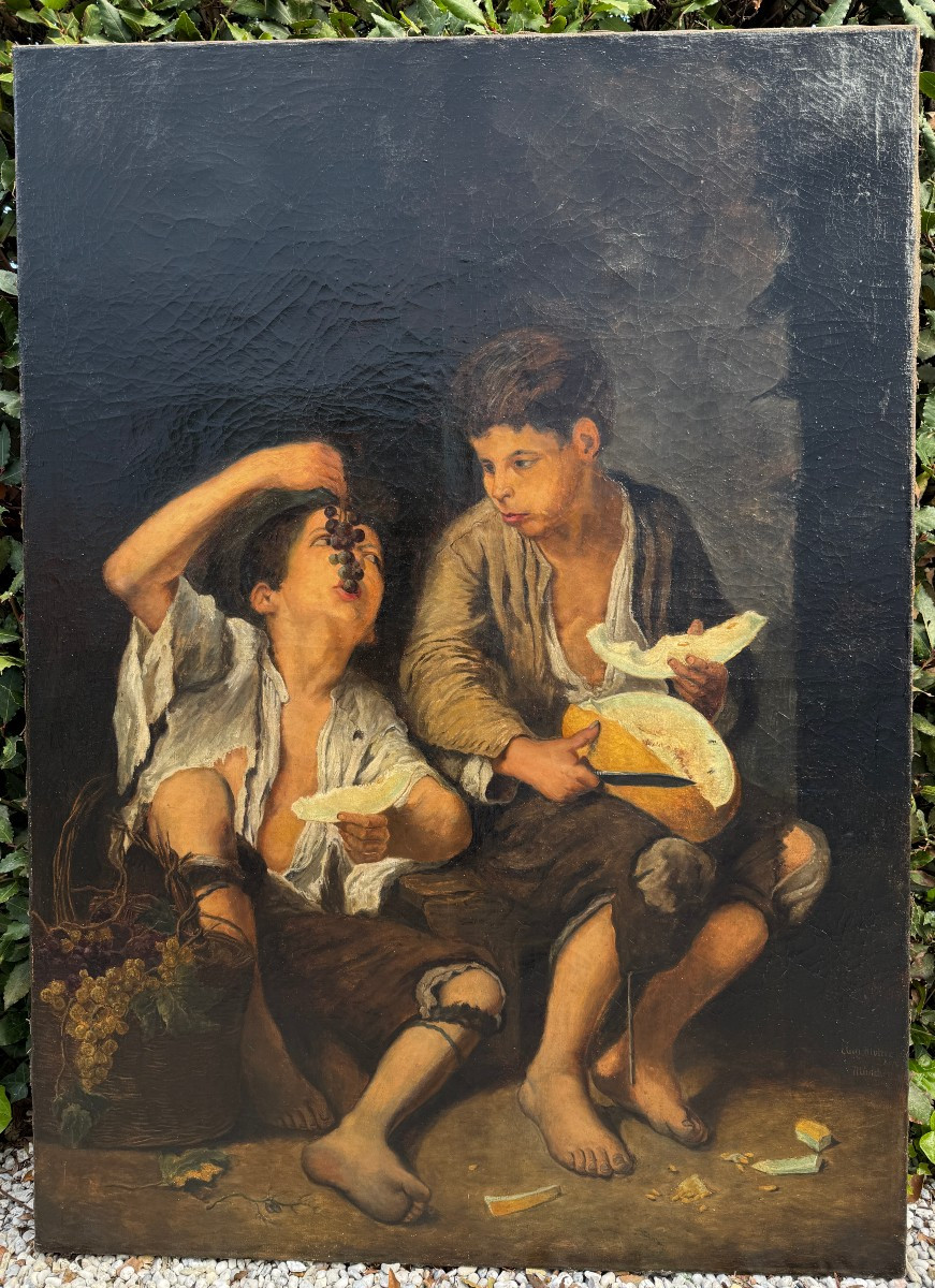 Grand tableau enfants mangeant du melon et du raisin par Murillo copie de Aug Molter vers 1840 -photo-2