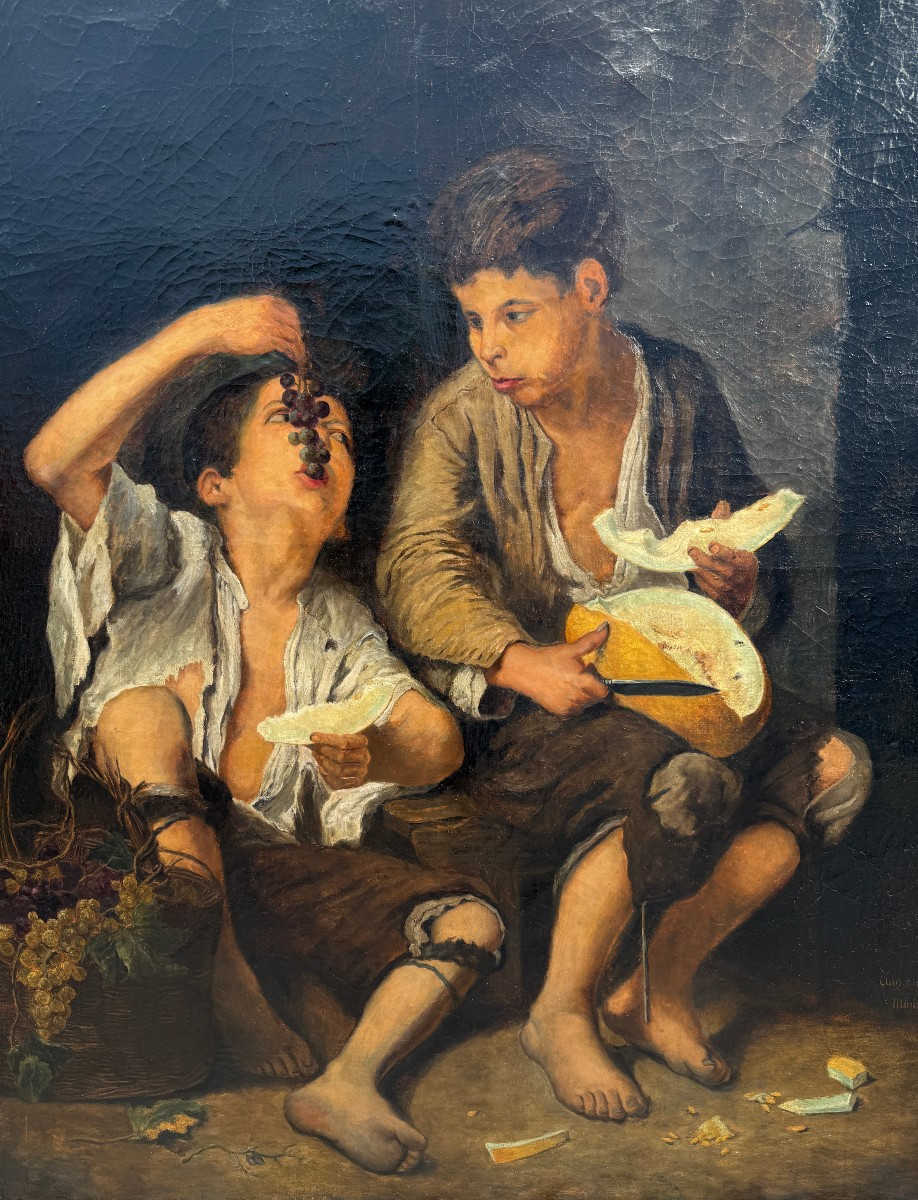 Grand tableau enfants mangeant du melon et du raisin par Murillo copie de Aug Molter vers 1840 -photo-3