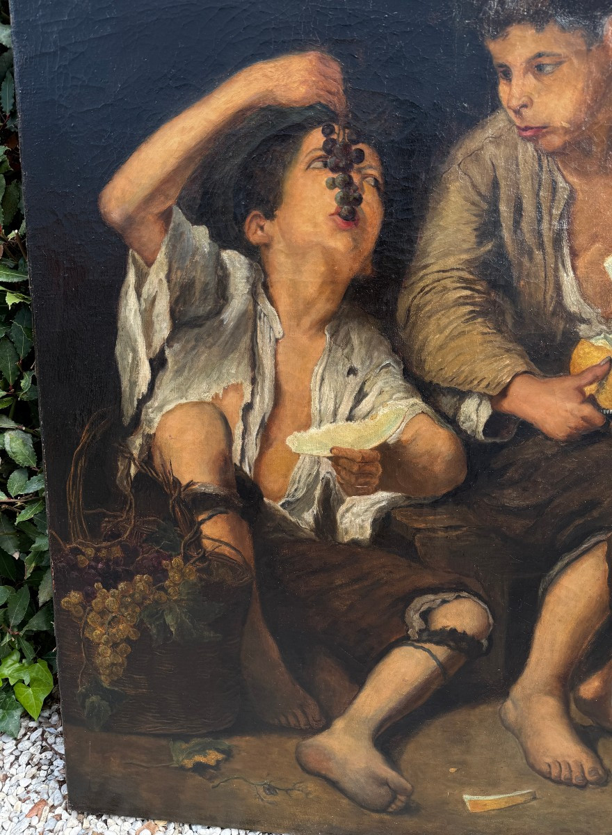 Grand tableau enfants mangeant du melon et du raisin par Murillo copie de Aug Molter vers 1840 -photo-4