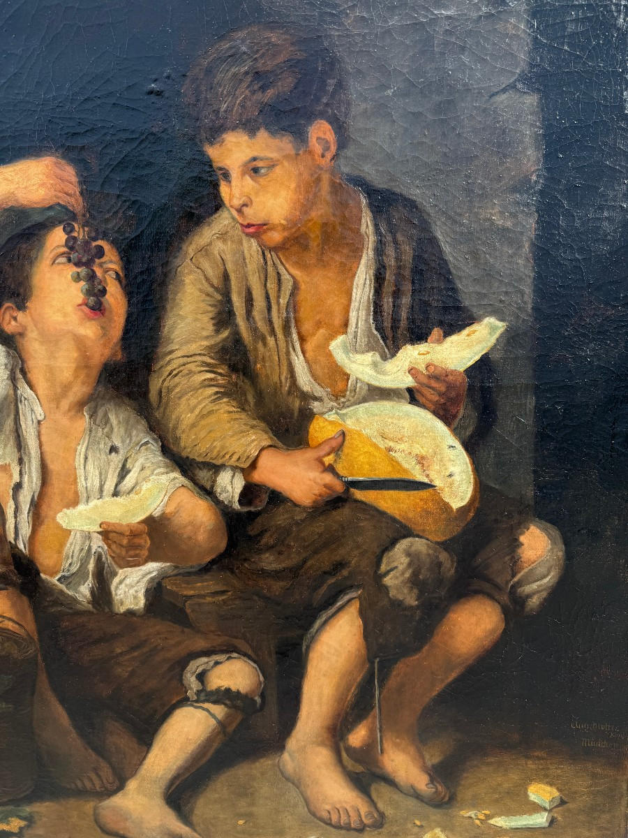 Grand tableau enfants mangeant du melon et du raisin par Murillo copie de Aug Molter vers 1840 -photo-1