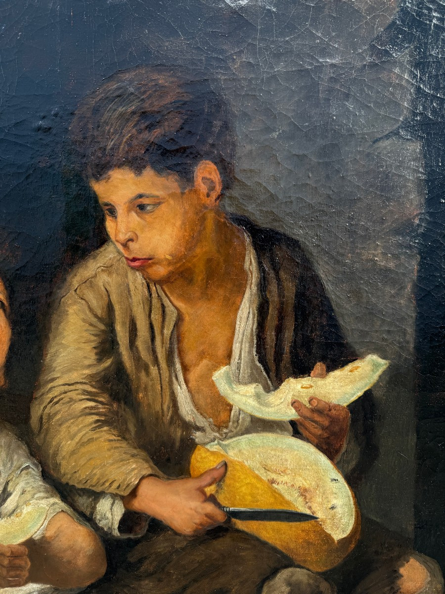 Grand tableau enfants mangeant du melon et du raisin par Murillo copie de Aug Molter vers 1840 -photo-4