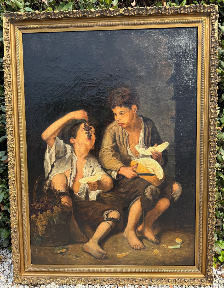 Grand tableau enfants mangeant du melon et du raisin par Murillo copie de Aug Molter vers 1840 