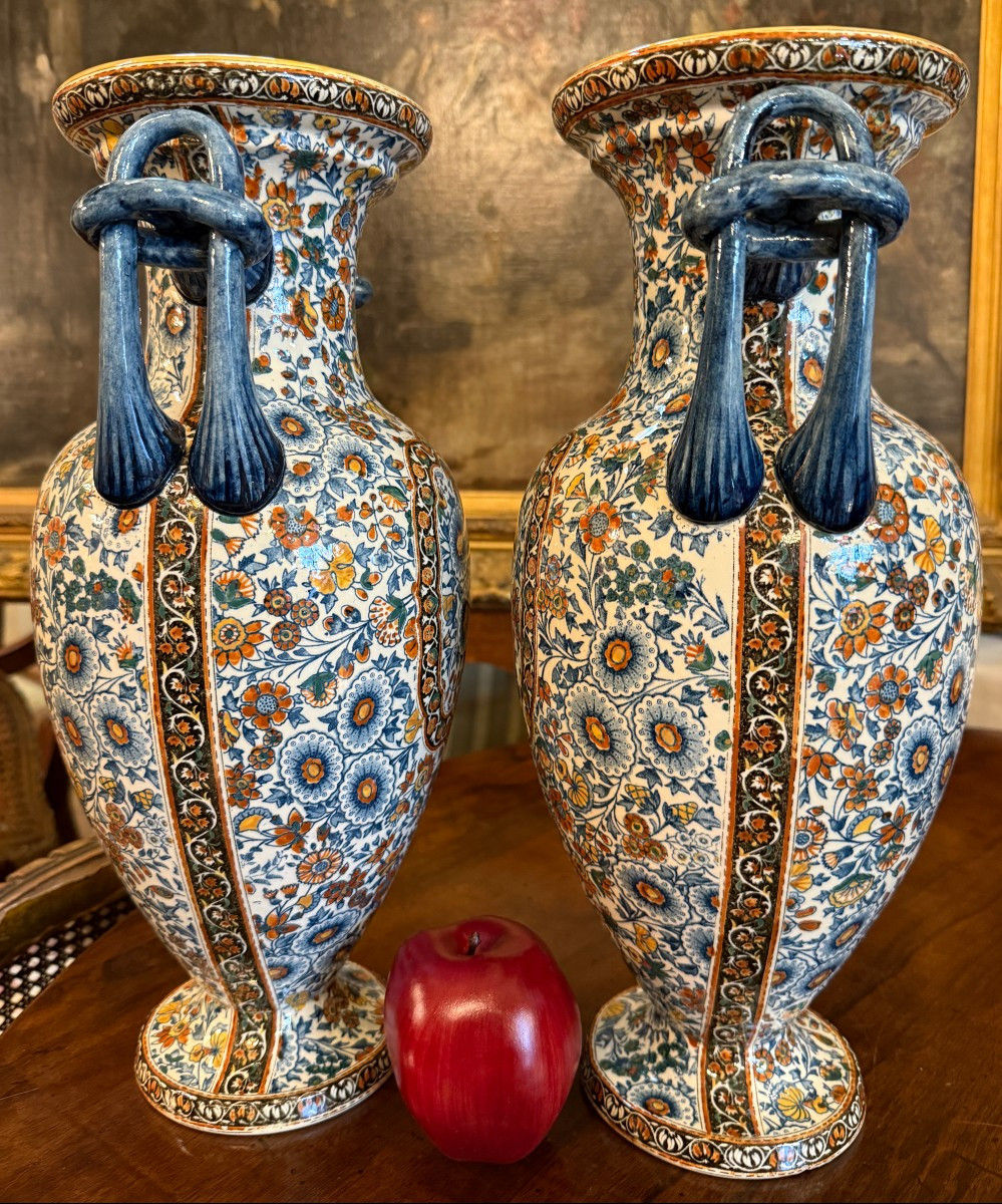 Gien importante paire de vases en faïence fine décor cachemire vers 1900 40 cm-photo-2