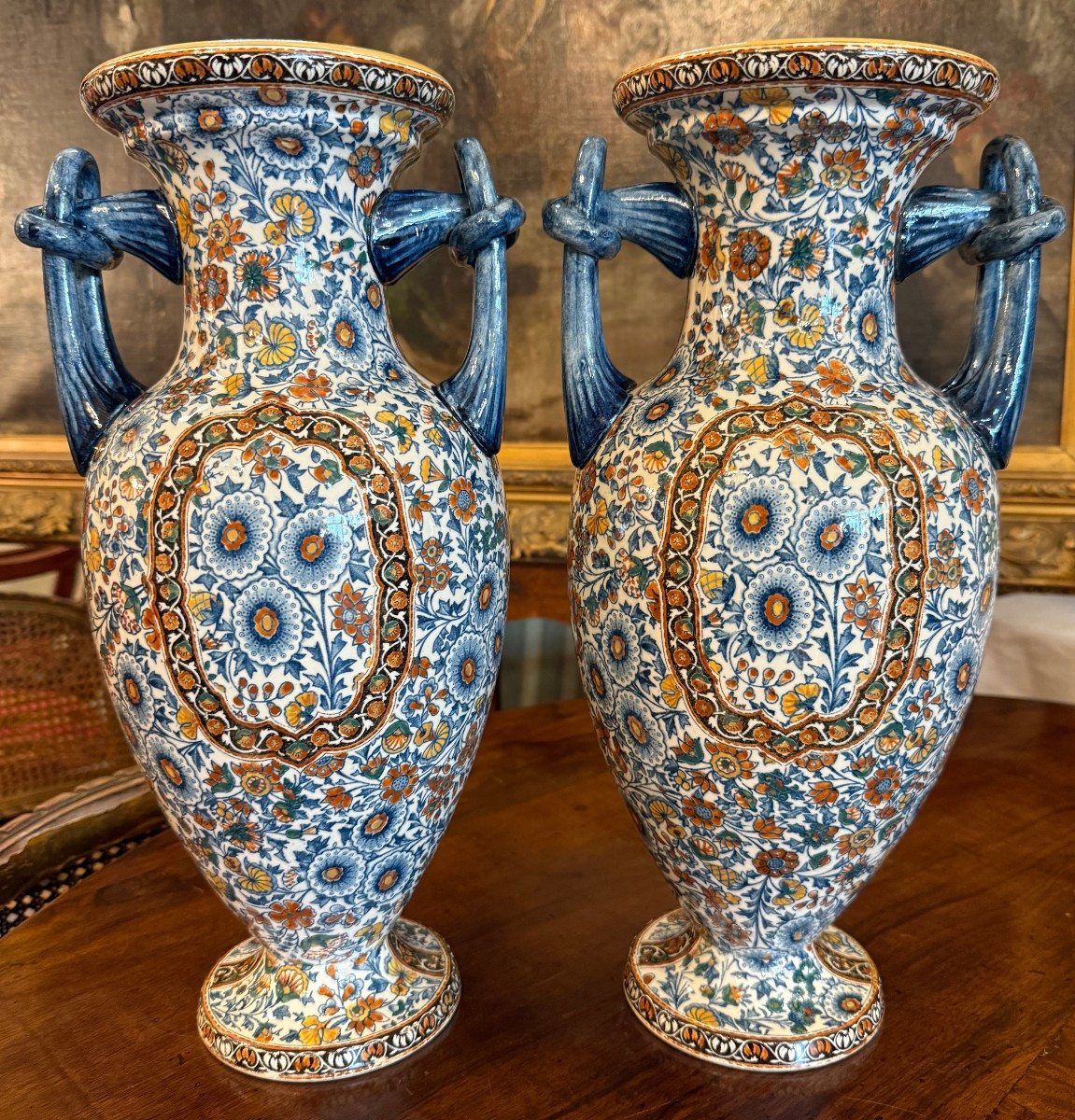 Gien importante paire de vases en faïence fine décor cachemire vers 1900 40 cm-photo-3