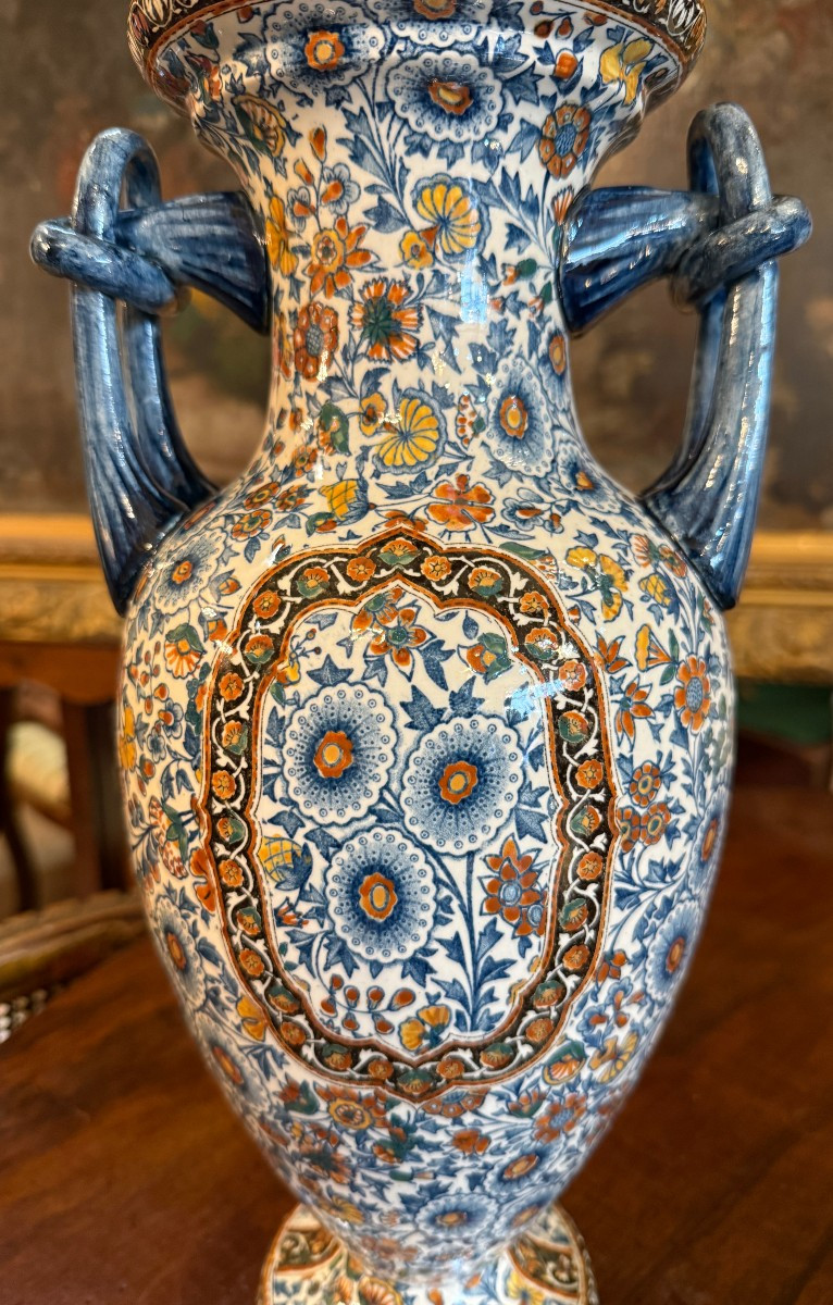 Gien importante paire de vases en faïence fine décor cachemire vers 1900 40 cm-photo-3