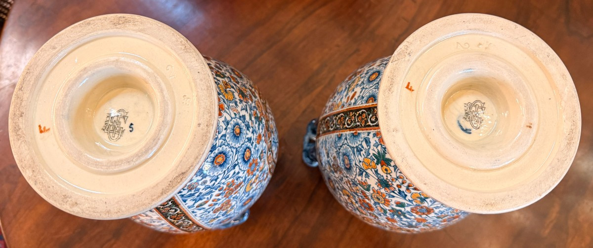 Gien importante paire de vases en faïence fine décor cachemire vers 1900 40 cm-photo-7