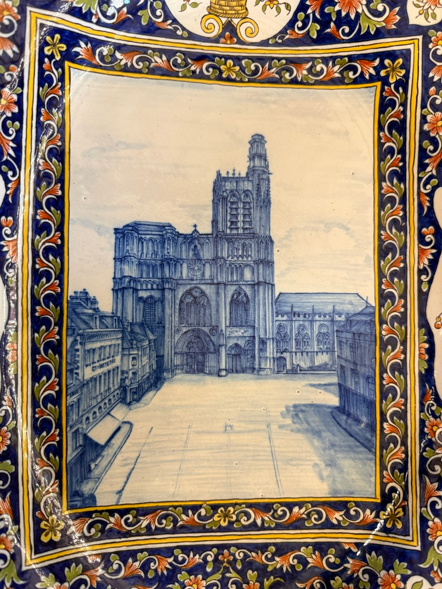 Grand plat cathédrale Saint- Étienne de Sens faïence de Desvres Gabriel Fourmaintraux 1900-photo-3