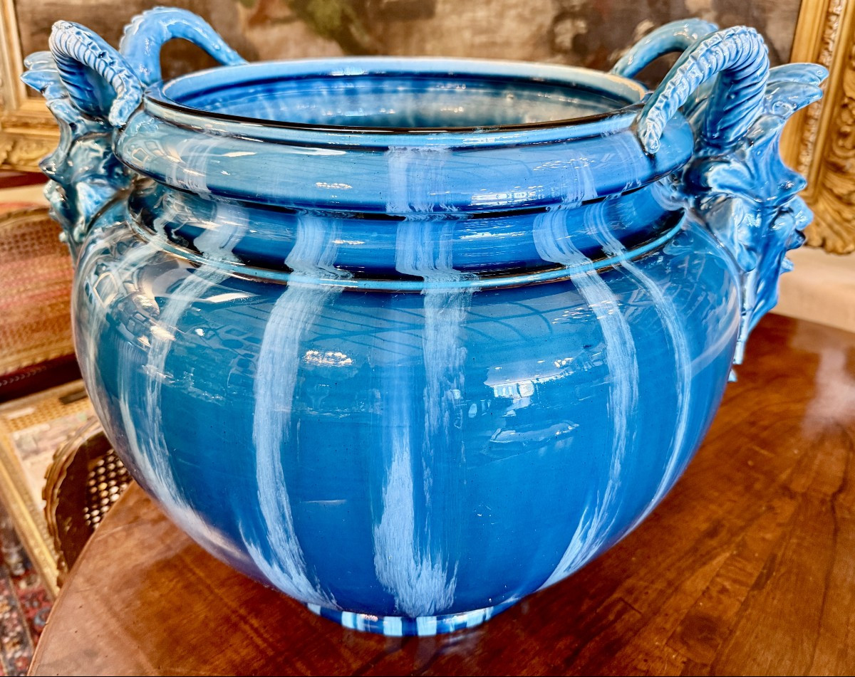 Jérôme Massier colonne cache-pot  céramique  bleue têtes de satyres  et pattes de lion 100 cm-photo-3