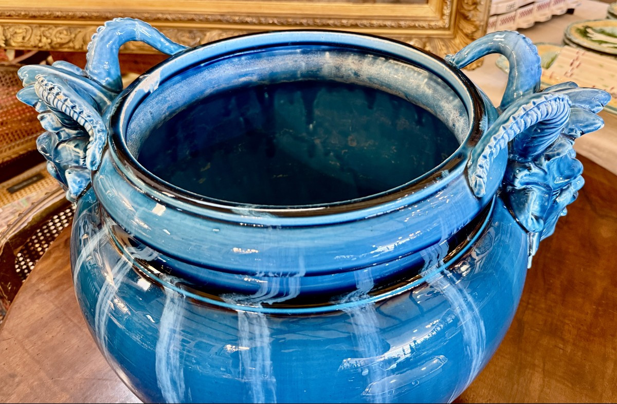 Jérôme Massier colonne cache-pot  céramique  bleue têtes de satyres  et pattes de lion 100 cm-photo-2