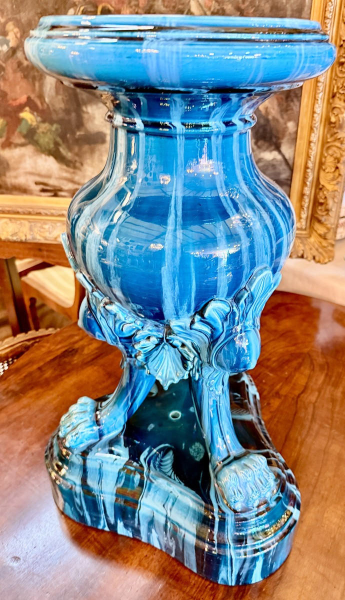 Jérôme Massier colonne cache-pot  céramique  bleue têtes de satyres  et pattes de lion 100 cm-photo-6