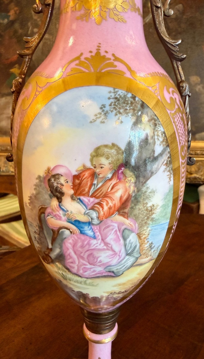 Pair Of Pink Porcelain Vases With Bronze Mounts In The Late 19th Century Sèvres Style-photo-3