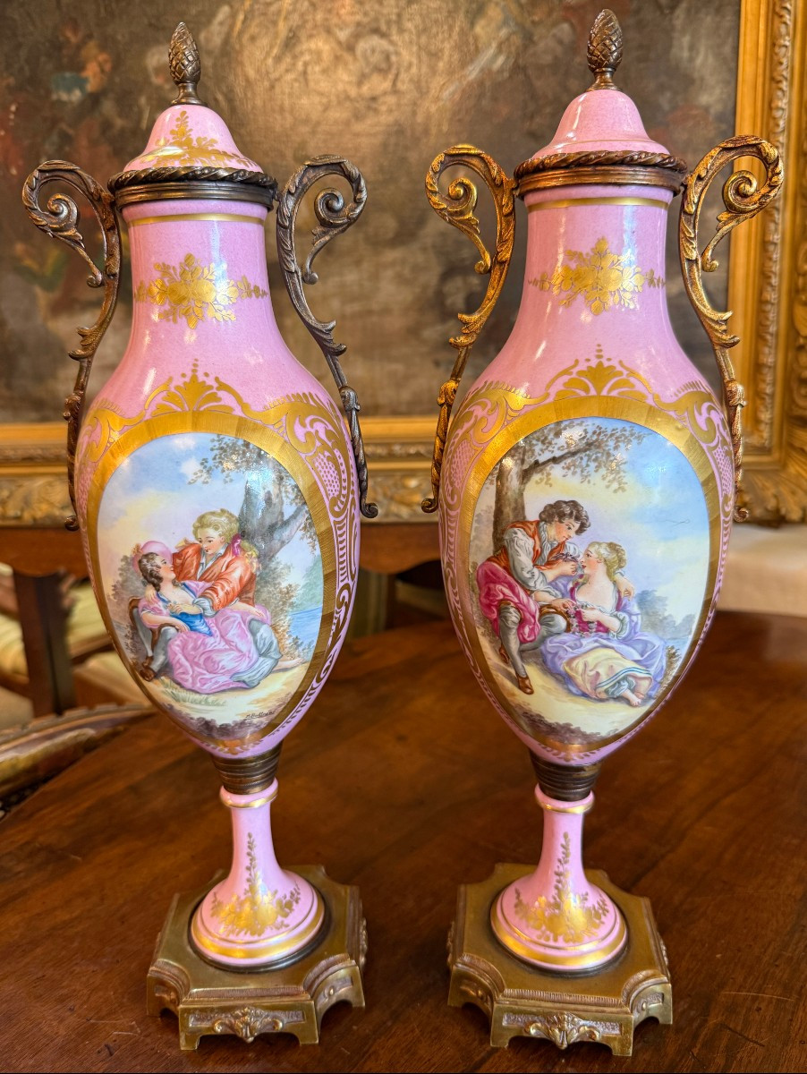 Pair Of Pink Porcelain Vases With Bronze Mounts In The Late 19th Century Sèvres Style