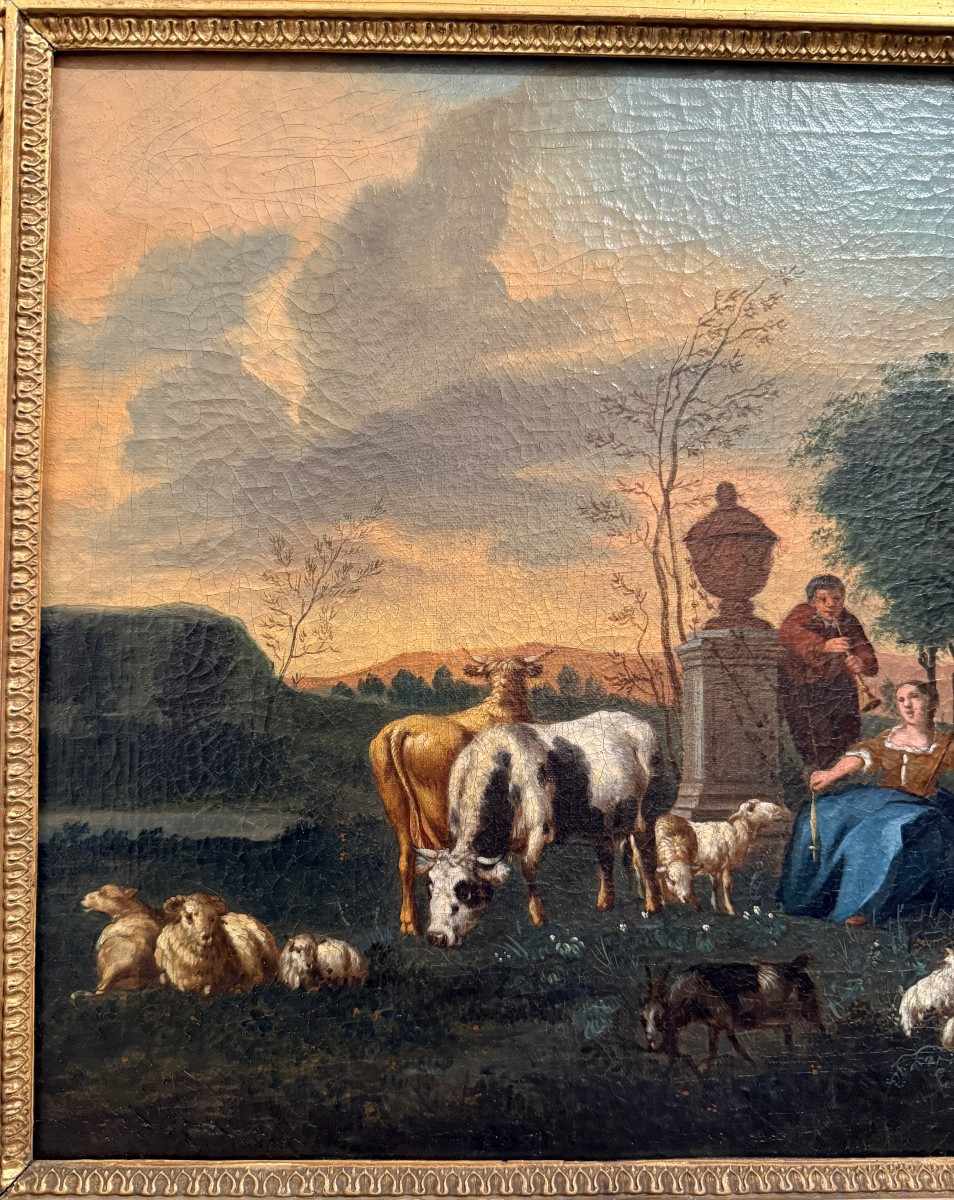 Tableau école hollandaise  XVIIIème " scène pastorale " suiveur de Johan Van Gool-photo-3