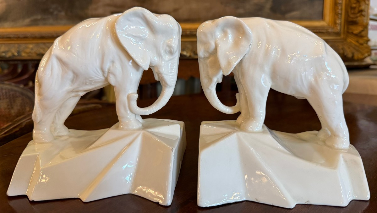 Pair Of Art Deco Elephant Bookends In Royal Dux Porcelain Circa 1930