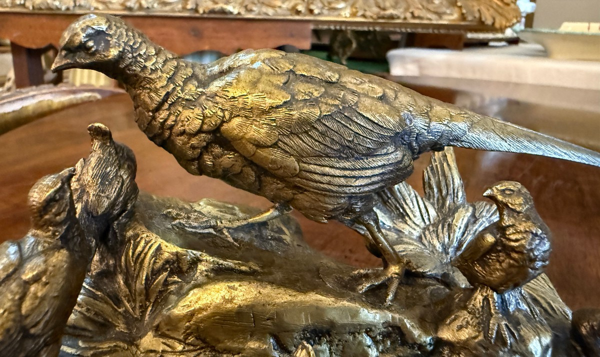 Jules Moigniez petite sculpture bronze doré poule faisane et ses petits XIXème-photo-2