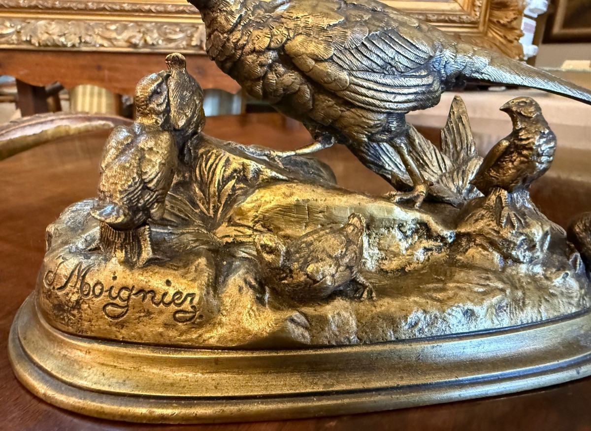 Jules Moigniez petite sculpture bronze doré poule faisane et ses petits XIXème-photo-3