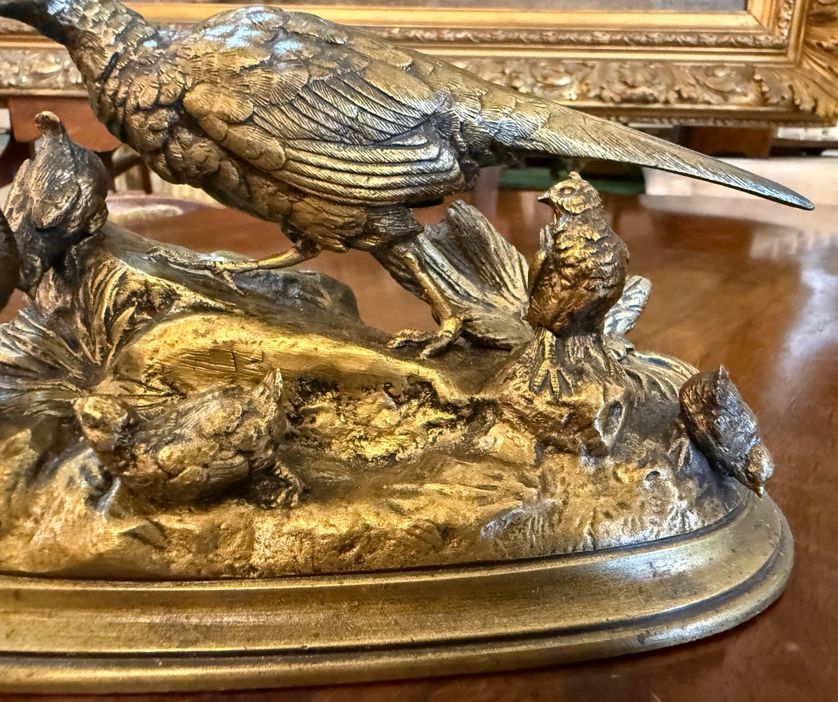 Jules Moigniez petite sculpture bronze doré poule faisane et ses petits XIXème-photo-4