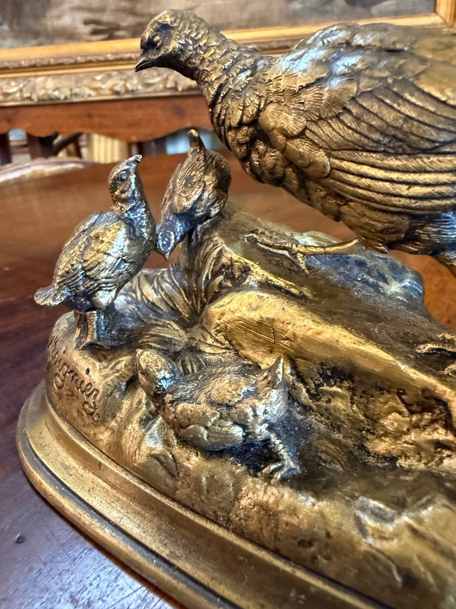 Jules Moigniez petite sculpture bronze doré poule faisane et ses petits XIXème-photo-1