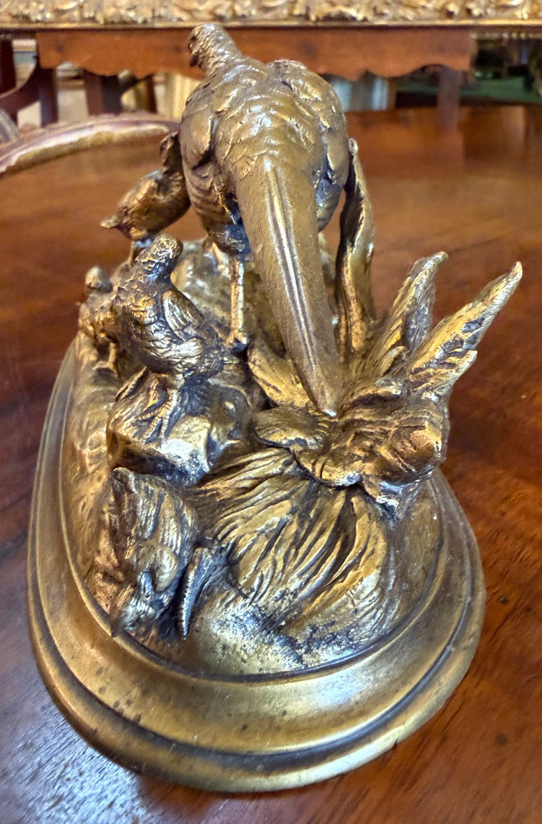 Jules Moigniez petite sculpture bronze doré poule faisane et ses petits XIXème-photo-2