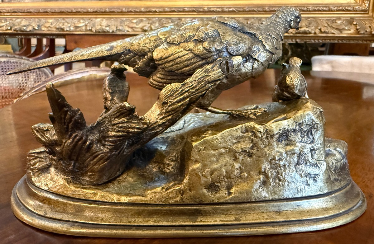 Jules Moigniez petite sculpture bronze doré poule faisane et ses petits XIXème-photo-3