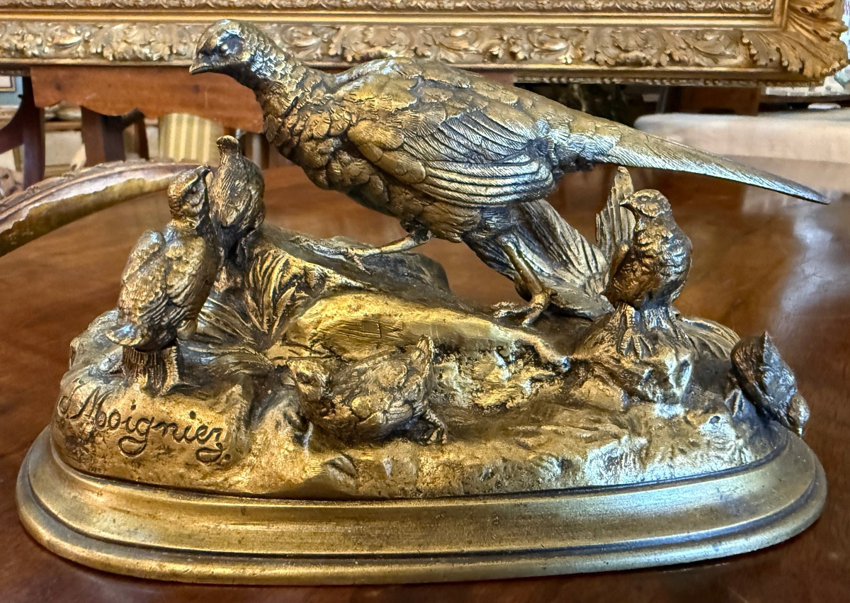 Jules Moigniez petite sculpture bronze doré poule faisane et ses petits XIXème