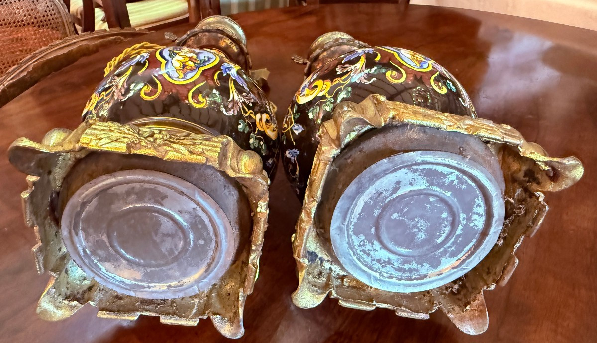 Gien paire de lampes à pétrole en faïence décor renaissance fond noir fin XIXème-photo-8