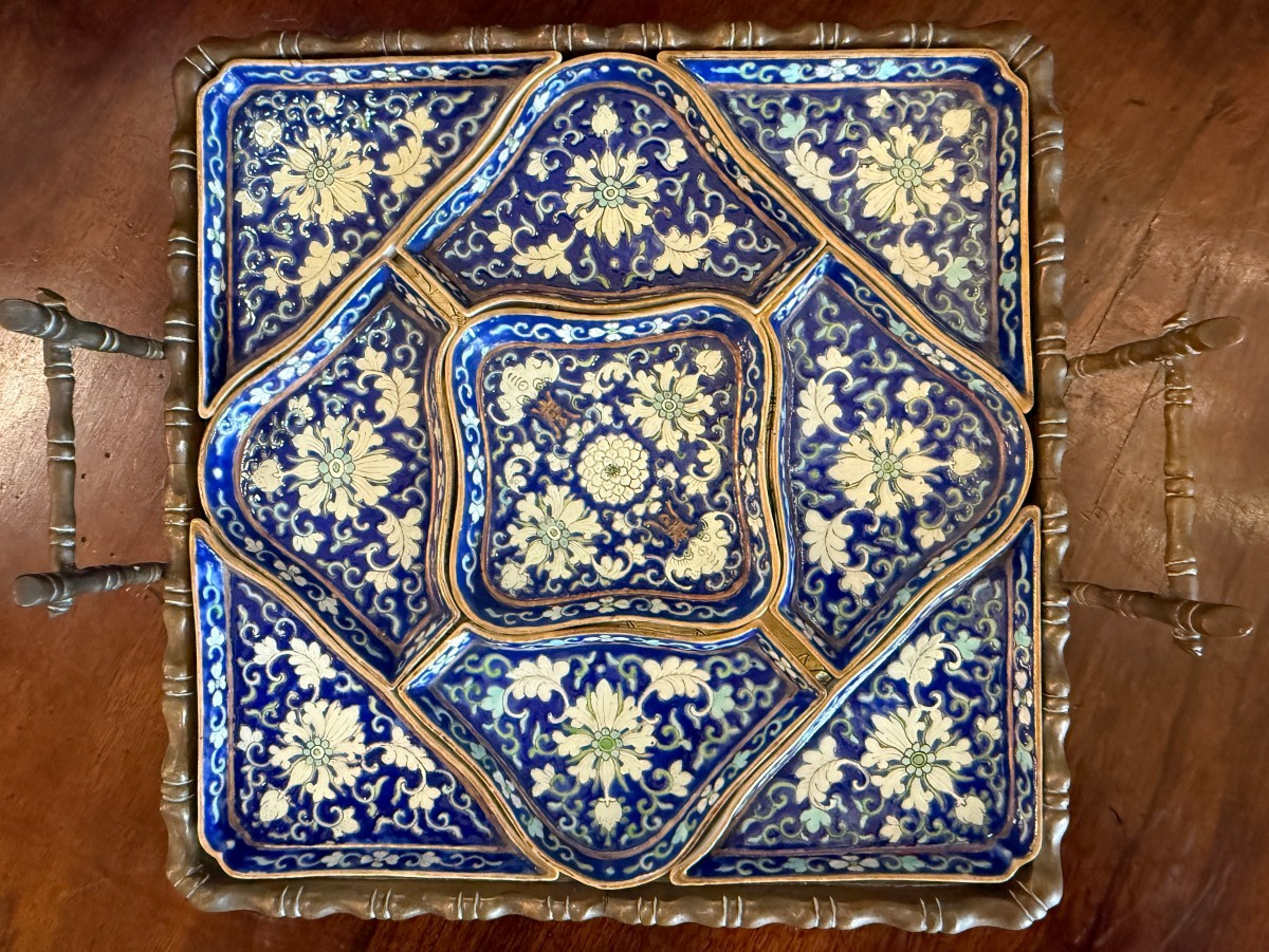 China Canton Porcelain Sweet Service On Bamboo Tray Late 19th Century-photo-2