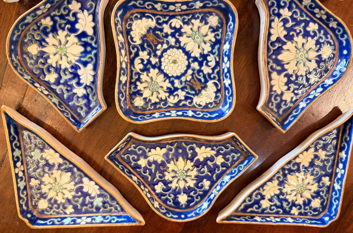 China Canton Porcelain Sweet Service On Bamboo Tray Late 19th Century-photo-2