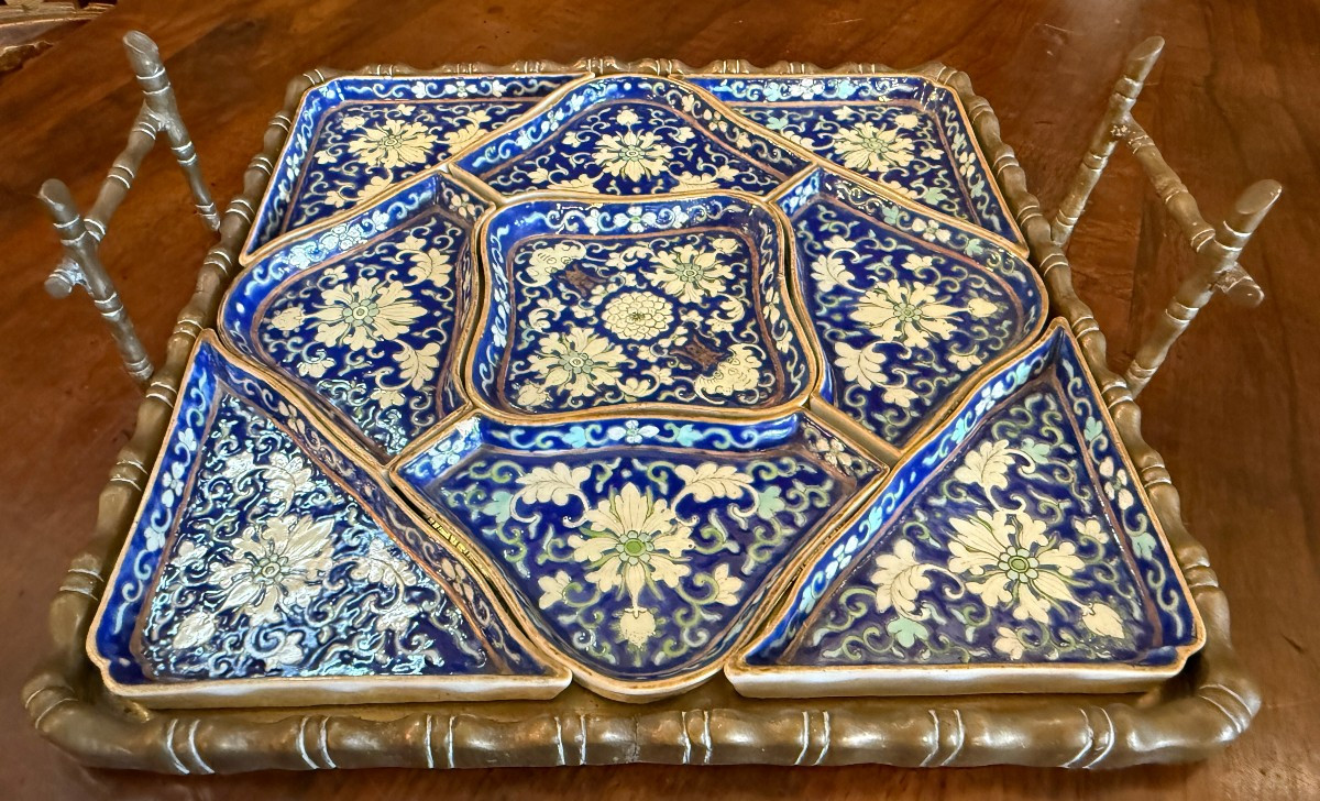 China Canton Porcelain Sweet Service On Bamboo Tray Late 19th Century