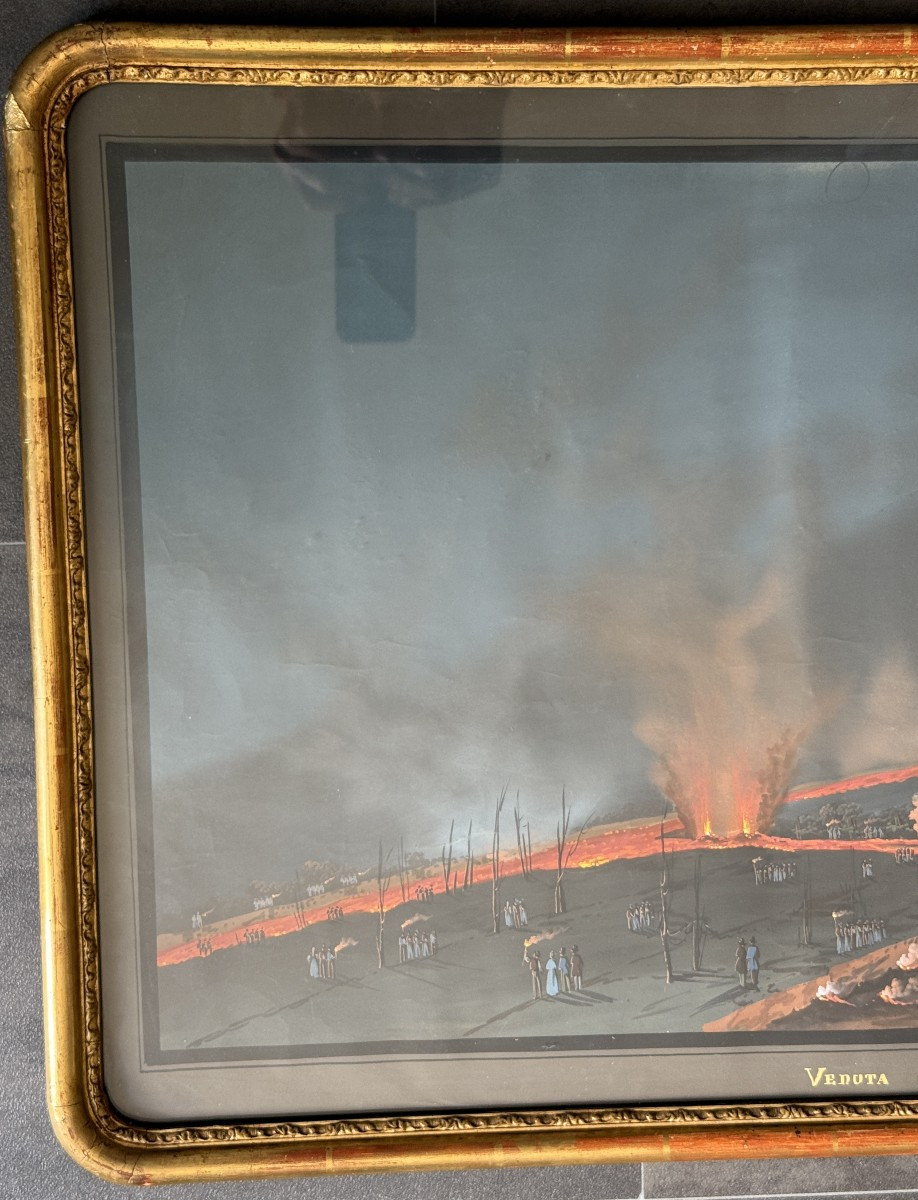 Large Neapolitan Gouache Eruption Of Vesuvius In 1855 Souvenir Of The Grand Tour 98.5 Cm-photo-2