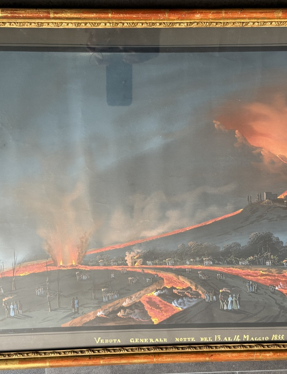 Large Neapolitan Gouache Eruption Of Vesuvius In 1855 Souvenir Of The Grand Tour 98.5 Cm-photo-3