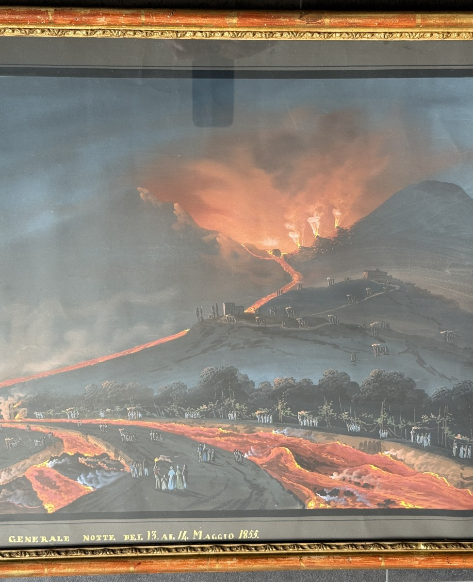Large Neapolitan Gouache Eruption Of Vesuvius In 1855 Souvenir Of The Grand Tour 98.5 Cm-photo-4