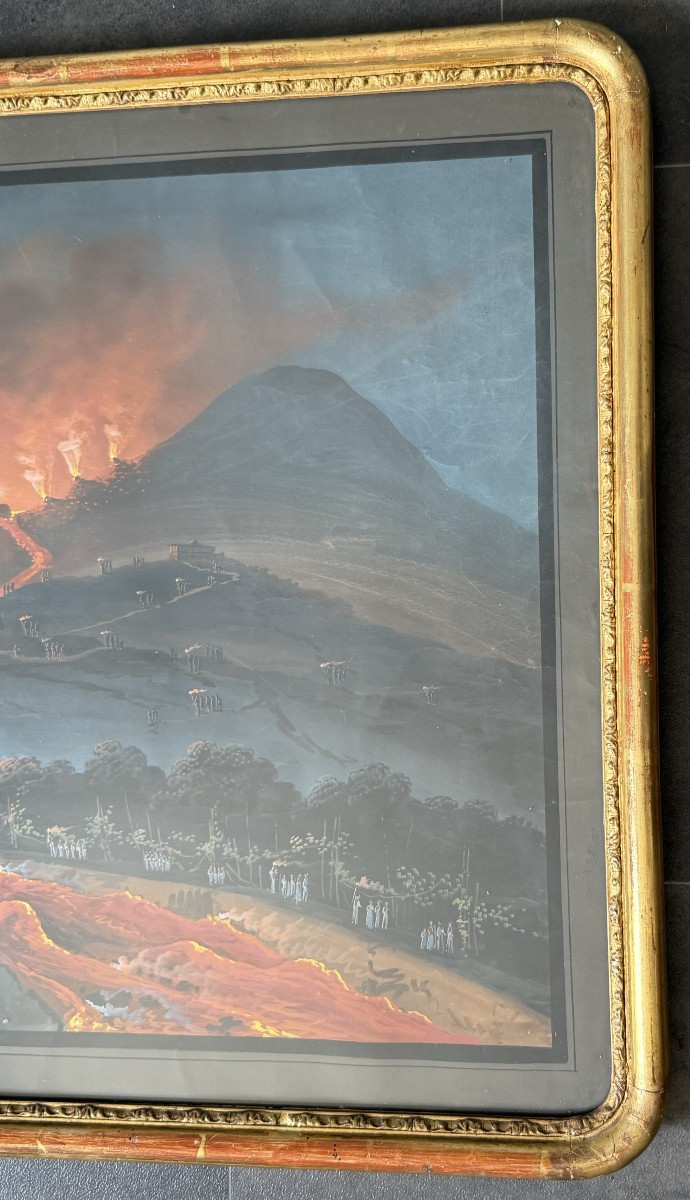 Large Neapolitan Gouache Eruption Of Vesuvius In 1855 Souvenir Of The Grand Tour 98.5 Cm-photo-1