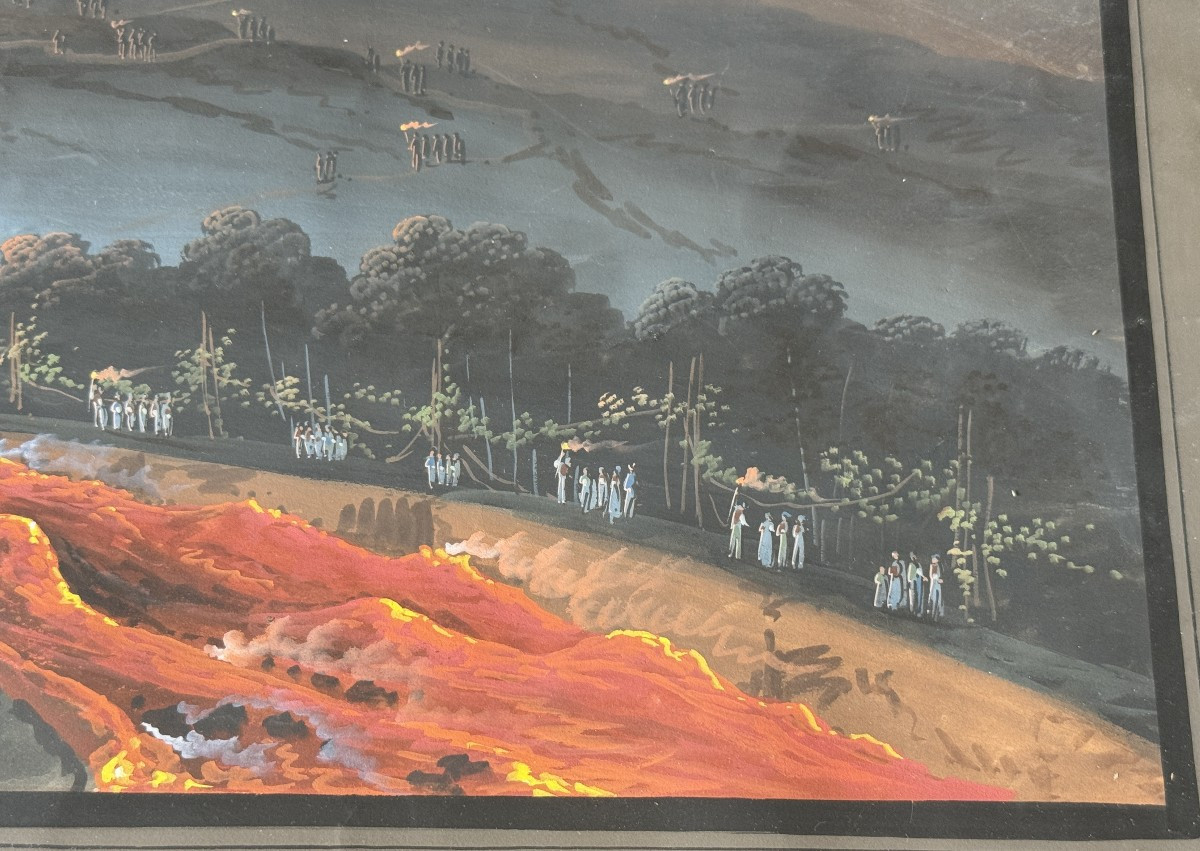 Large Neapolitan Gouache Eruption Of Vesuvius In 1855 Souvenir Of The Grand Tour 98.5 Cm-photo-2