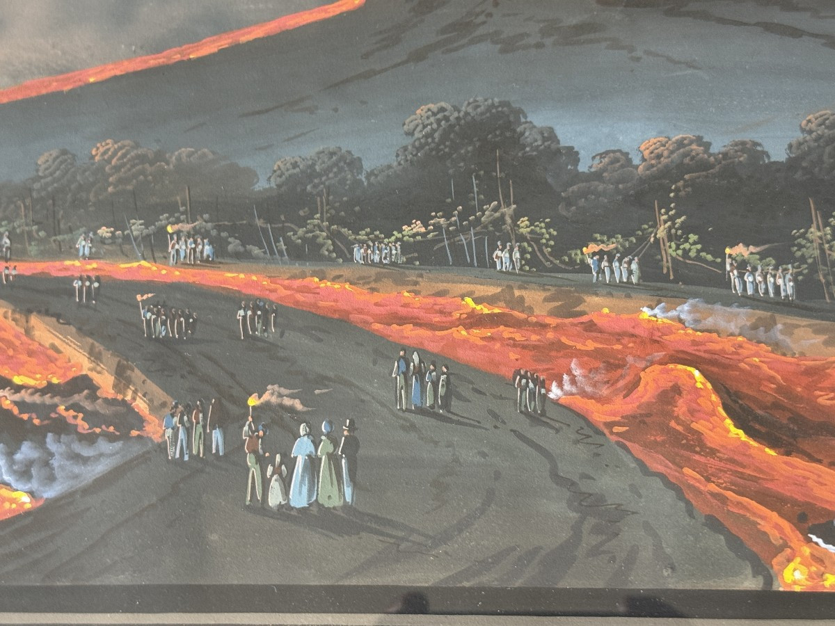 Large Neapolitan Gouache Eruption Of Vesuvius In 1855 Souvenir Of The Grand Tour 98.5 Cm-photo-4