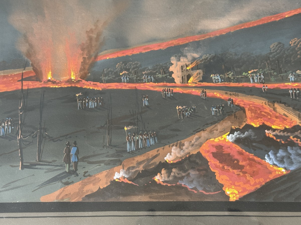 Large Neapolitan Gouache Eruption Of Vesuvius In 1855 Souvenir Of The Grand Tour 98.5 Cm-photo-5