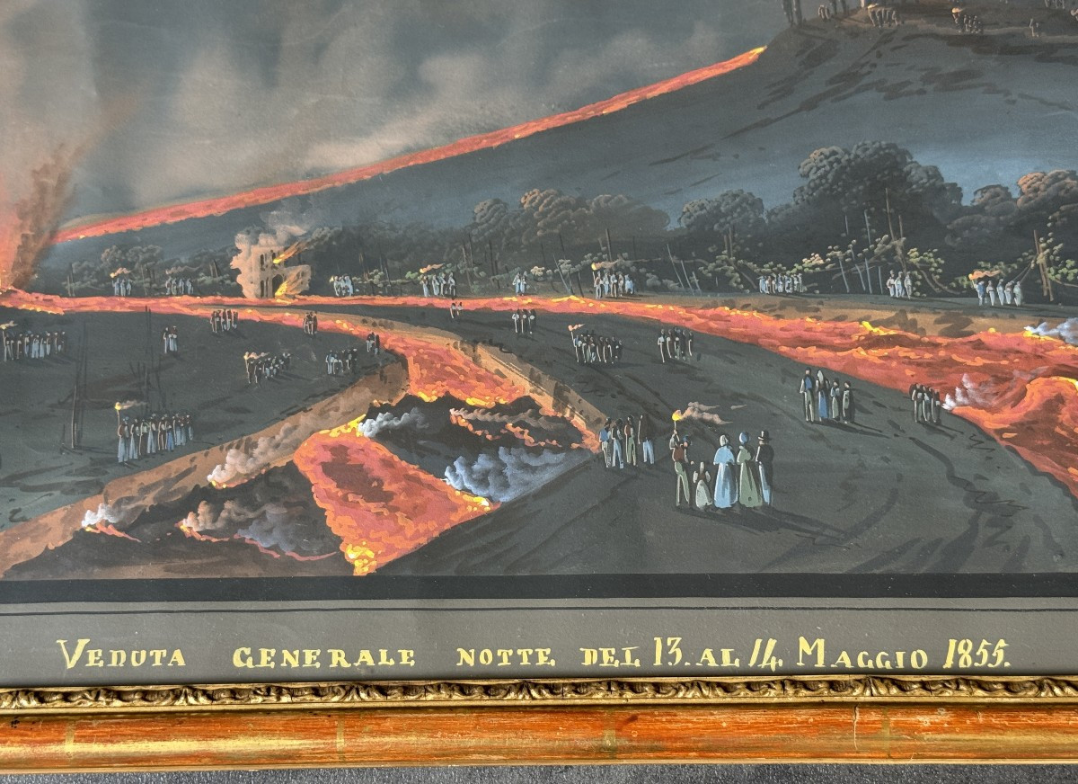 Large Neapolitan Gouache Eruption Of Vesuvius In 1855 Souvenir Of The Grand Tour 98.5 Cm-photo-7