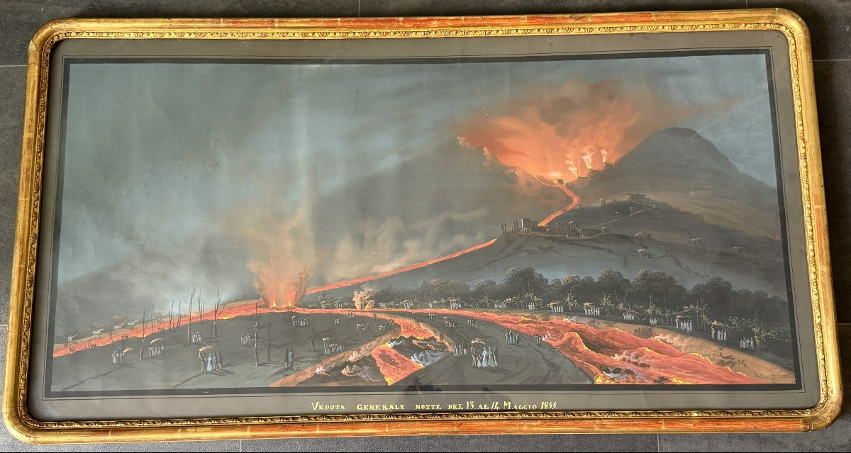 Large Neapolitan Gouache Eruption Of Vesuvius In 1855 Souvenir Of The Grand Tour 98.5 Cm