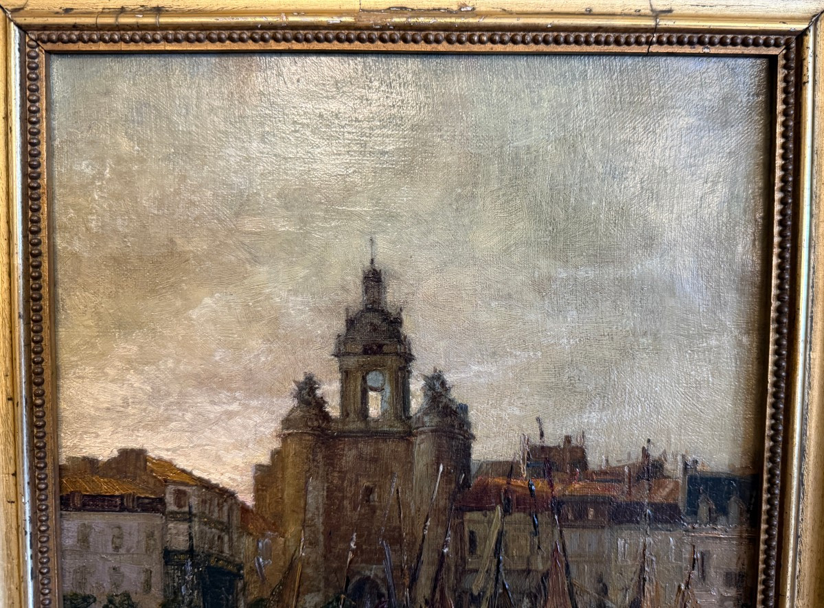 Tableau bateaux au mouillage devant la Grosse Horloge port de La Rochelle par Ch Ripault 1909-photo-2