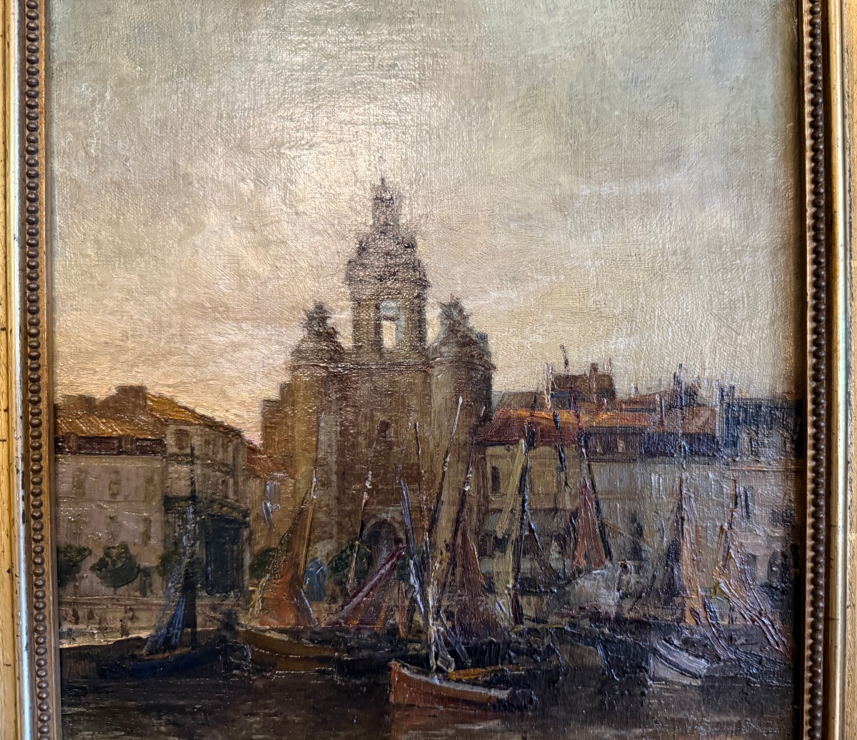 Tableau bateaux au mouillage devant la Grosse Horloge port de La Rochelle par Ch Ripault 1909-photo-3
