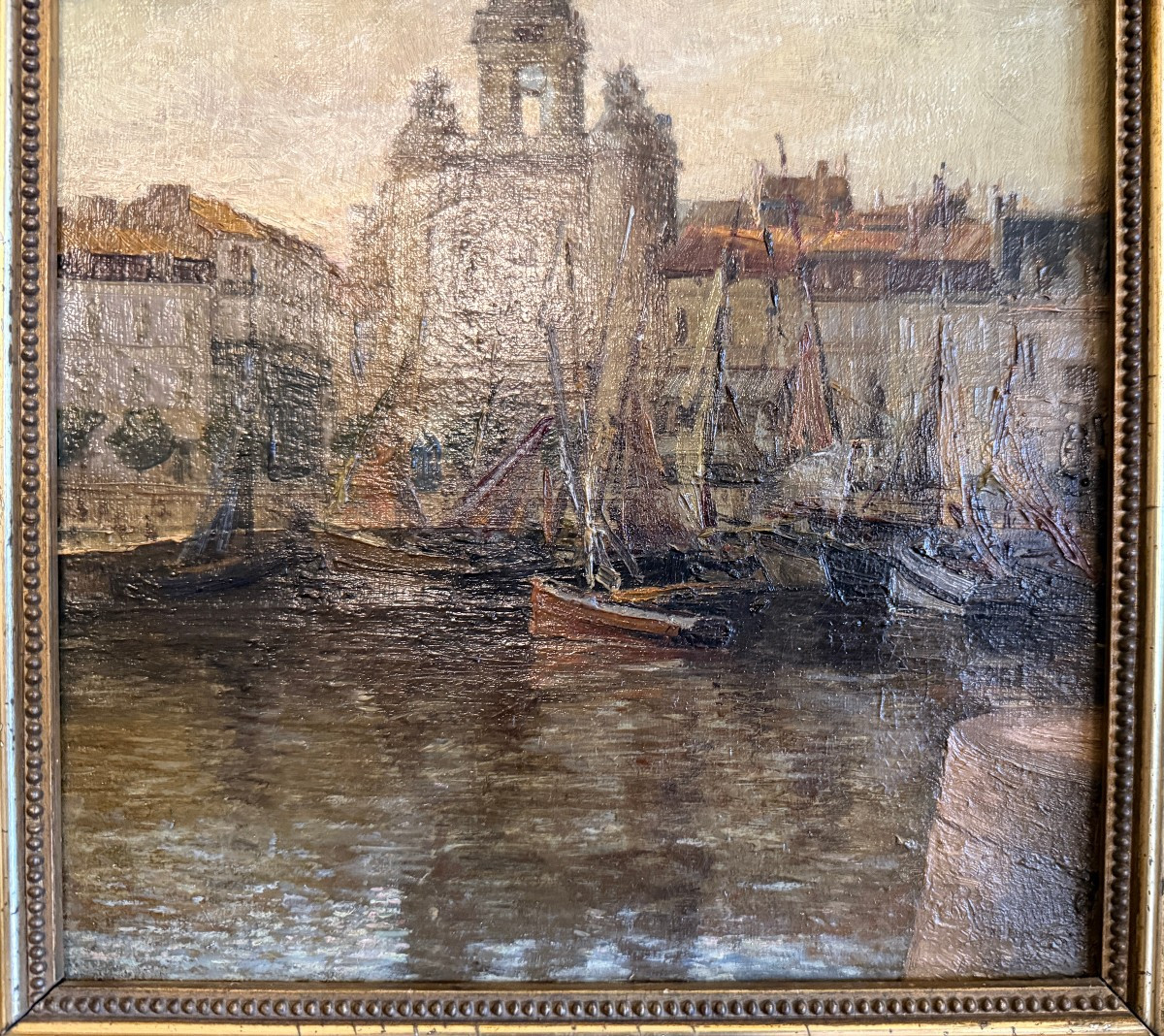 Tableau bateaux au mouillage devant la Grosse Horloge port de La Rochelle par Ch Ripault 1909-photo-4