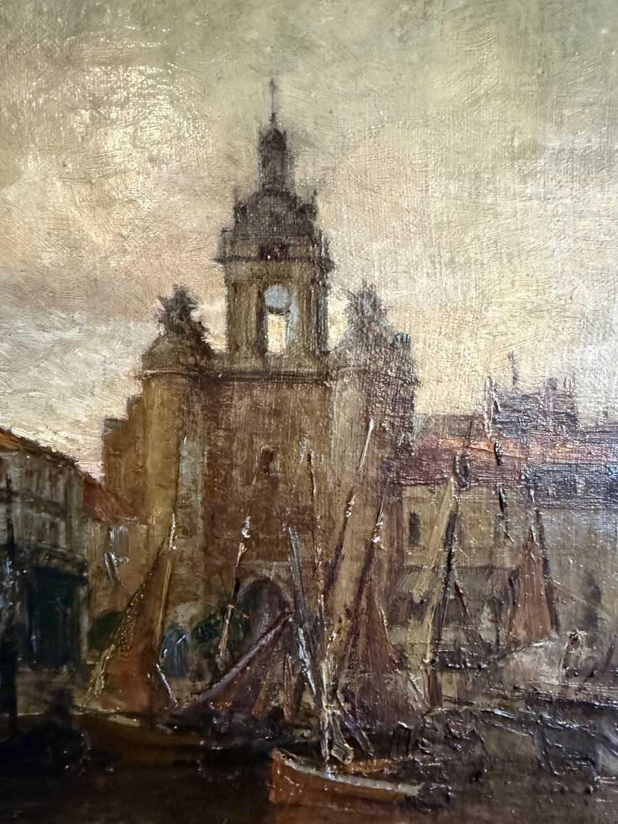Tableau bateaux au mouillage devant la Grosse Horloge port de La Rochelle par Ch Ripault 1909-photo-1