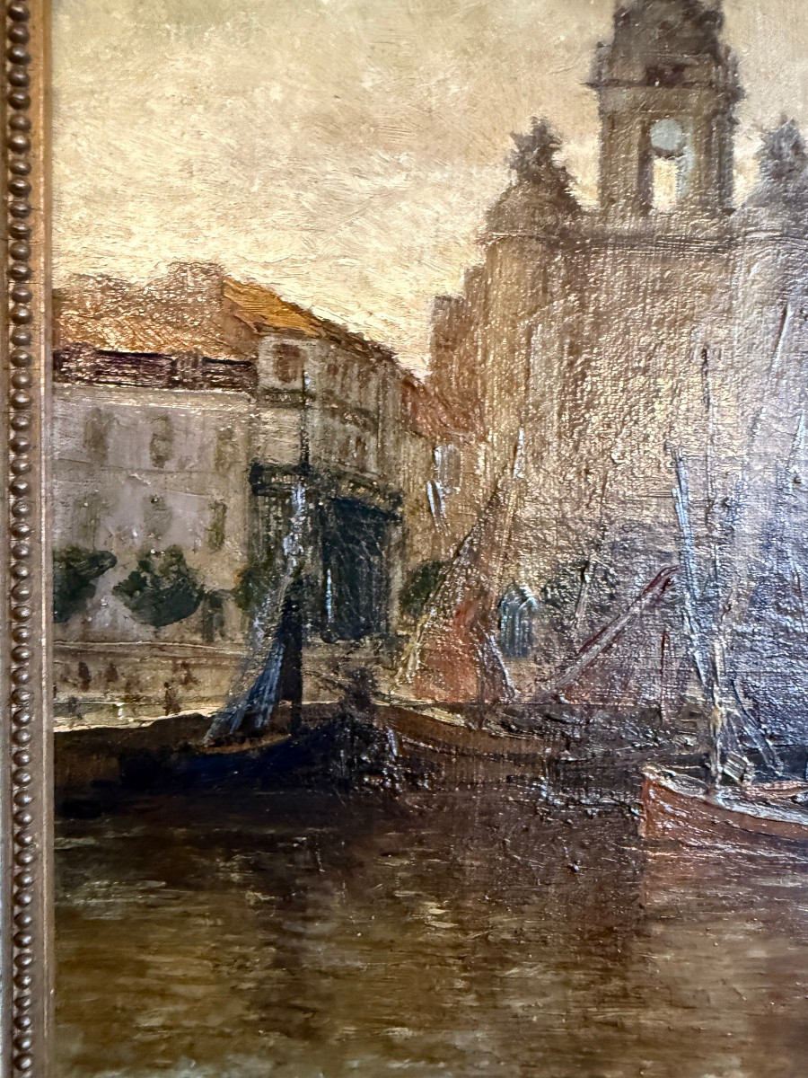 Tableau bateaux au mouillage devant la Grosse Horloge port de La Rochelle par Ch Ripault 1909-photo-2