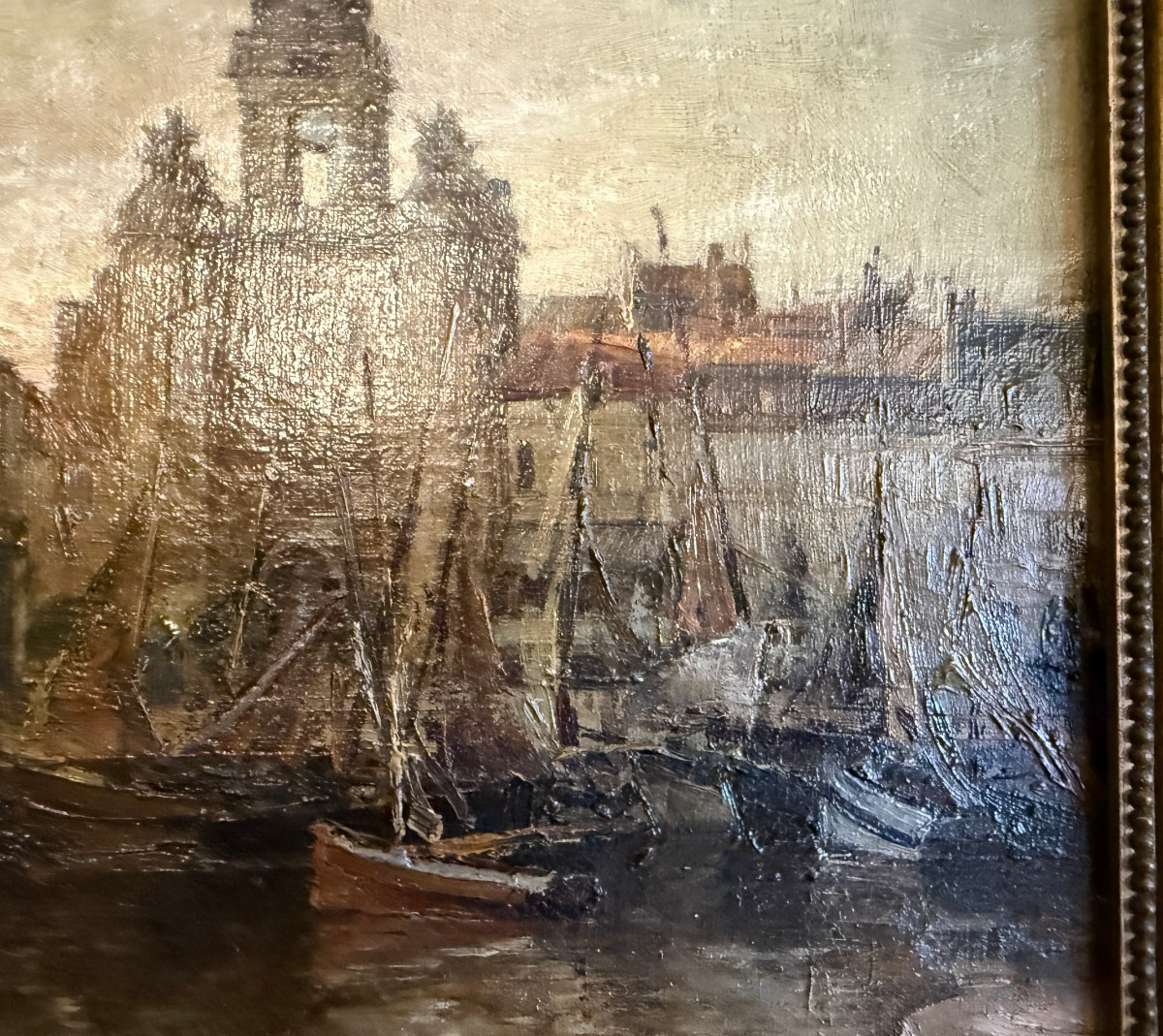 Tableau bateaux au mouillage devant la Grosse Horloge port de La Rochelle par Ch Ripault 1909-photo-3