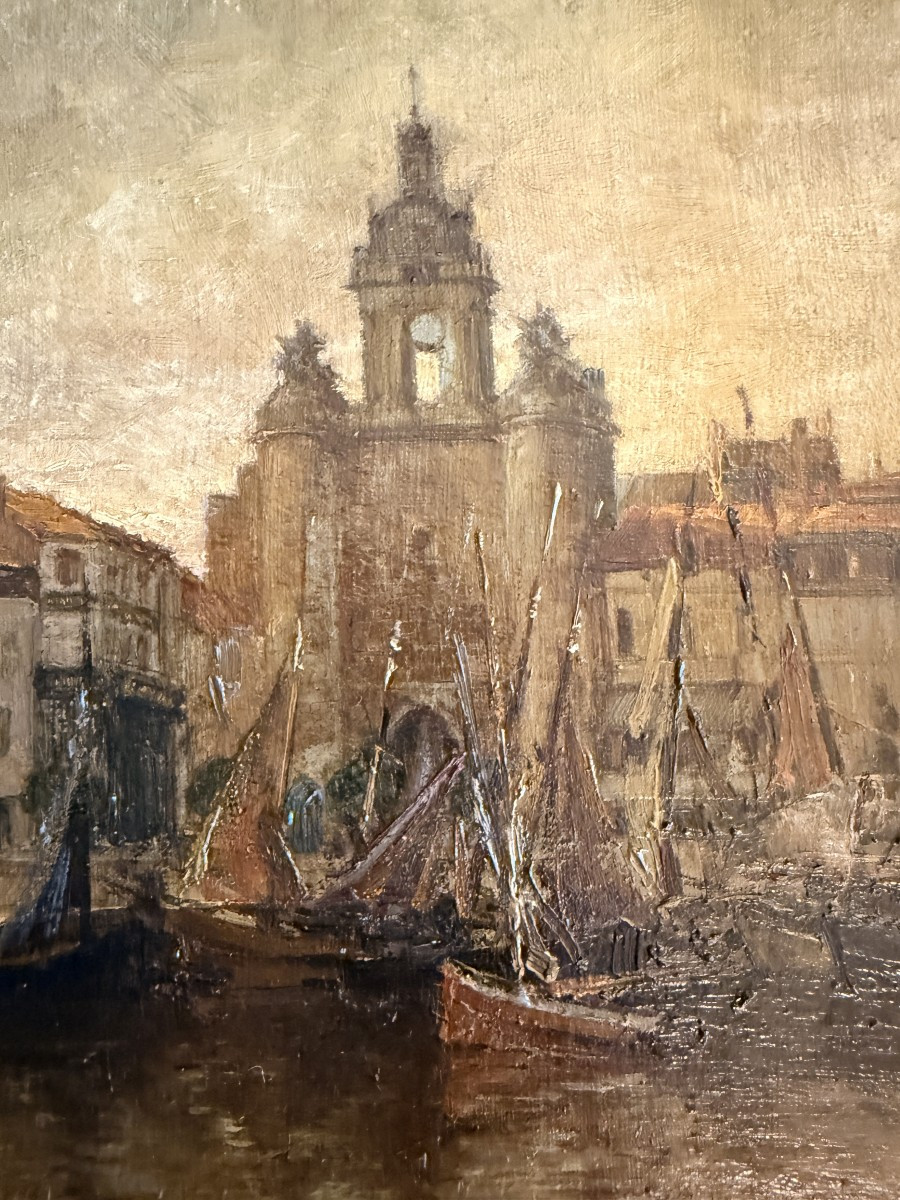 Tableau bateaux au mouillage devant la Grosse Horloge port de La Rochelle par Ch Ripault 1909-photo-5