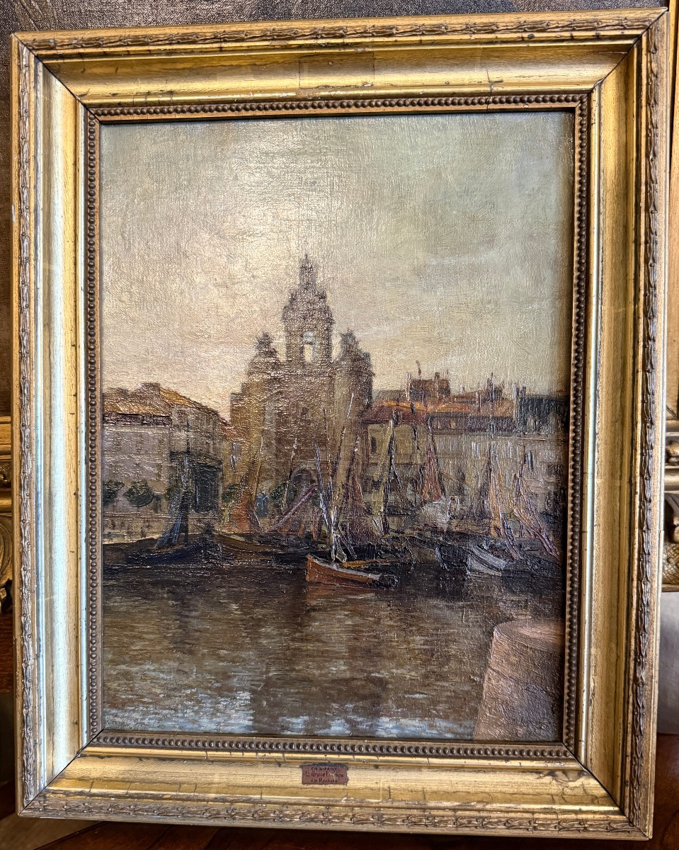 Tableau bateaux au mouillage devant la Grosse Horloge port de La Rochelle par Ch Ripault 1909