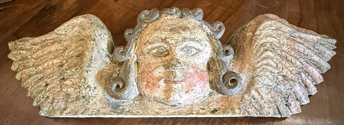 Carving Of A Winged Angel Cherub In Polychrome Oak From The 18th Century