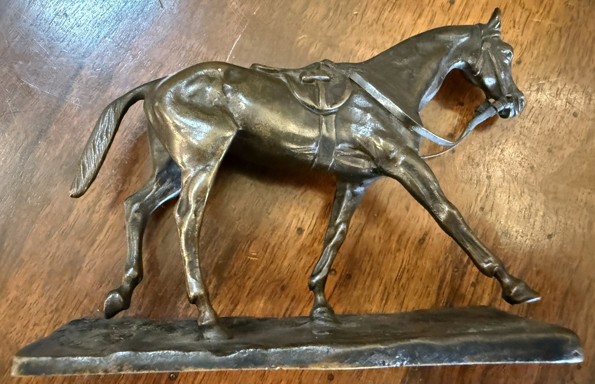 Petite sculpture bronze cheval de course au pas par Gaston d'Illiers fonderie de Saint Maur -photo-1