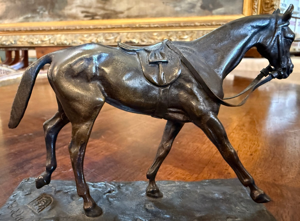 Petite sculpture bronze cheval de course au pas par Gaston d'Illiers fonderie de Saint Maur -photo-2